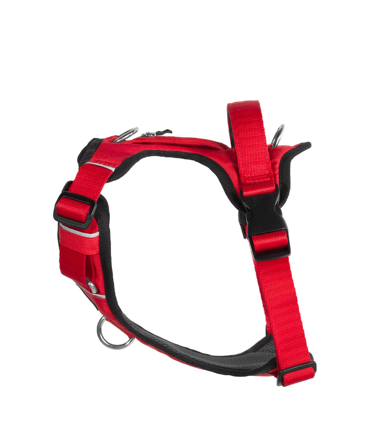 Side view of a red dog harness