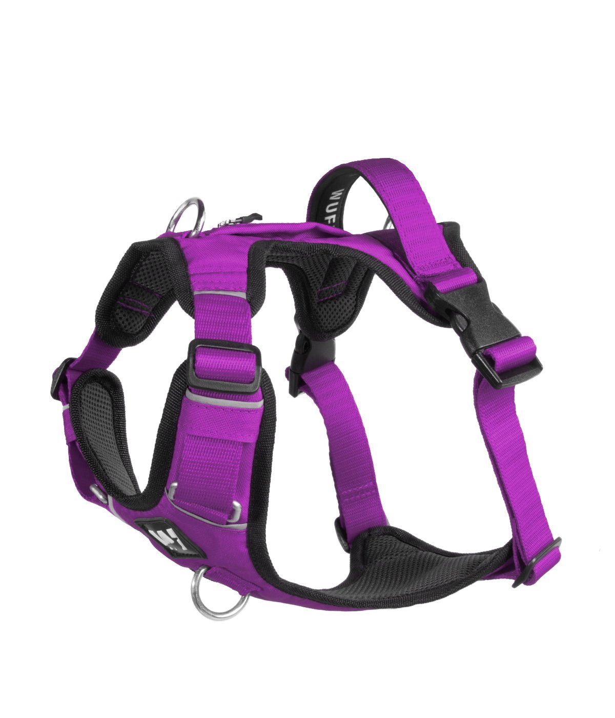 Una pechera para perros con manija violeta vista desde un lado