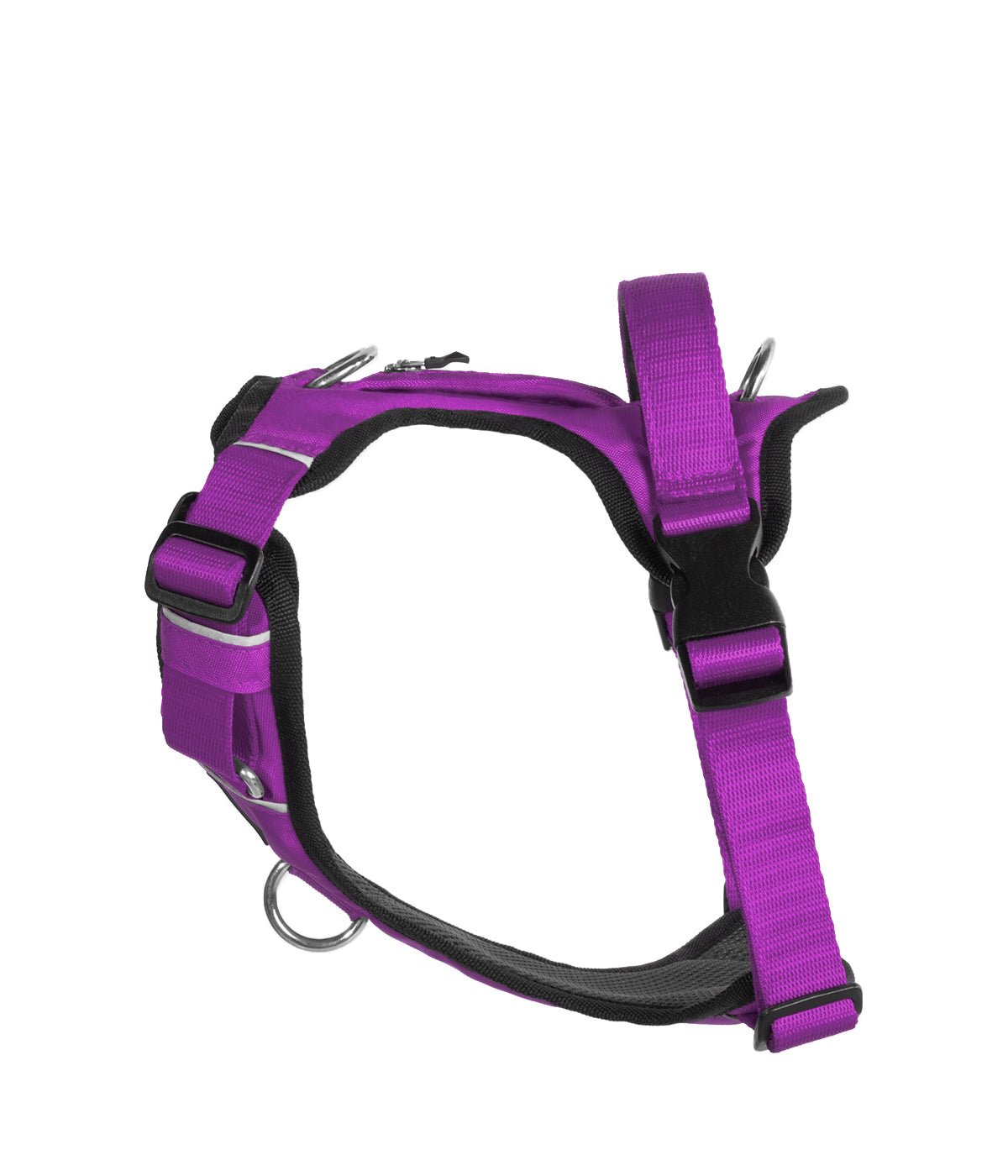 Una pechera para perros marca WUFTREK color violeta vista de lado