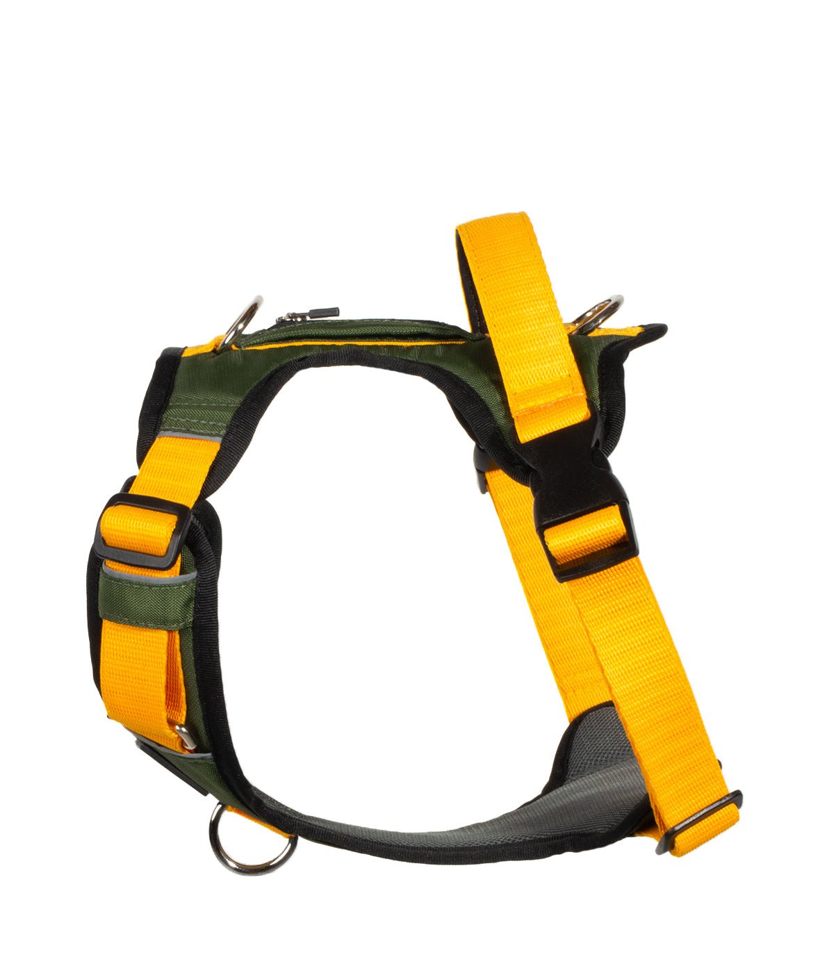 Detalle lateral ergonómico pechera para perros AirTrek color verde militar y amarillo