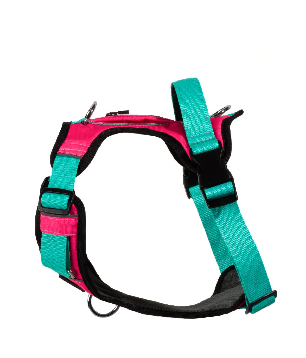 Detalle ergonómico pechera para perros AirTrek color fucsia y menta