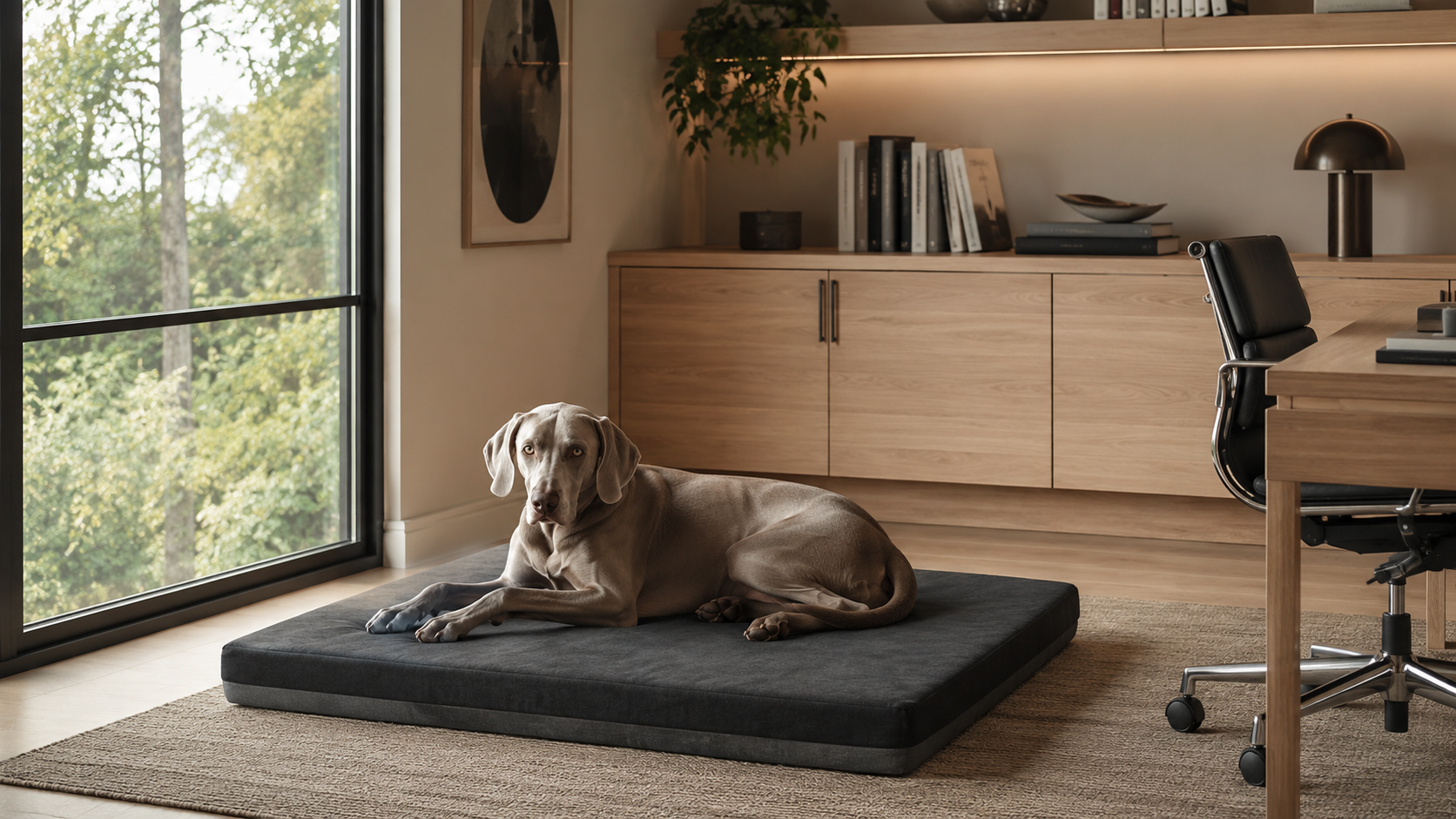 Un perro weimaraner acostadosobre una cama ortopedica para perro color negro