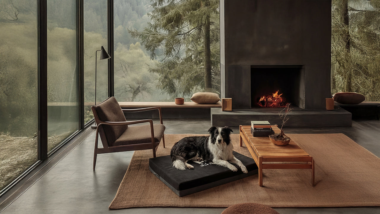 Un perro Border Collie acostado en una cama para perros color negro y gris