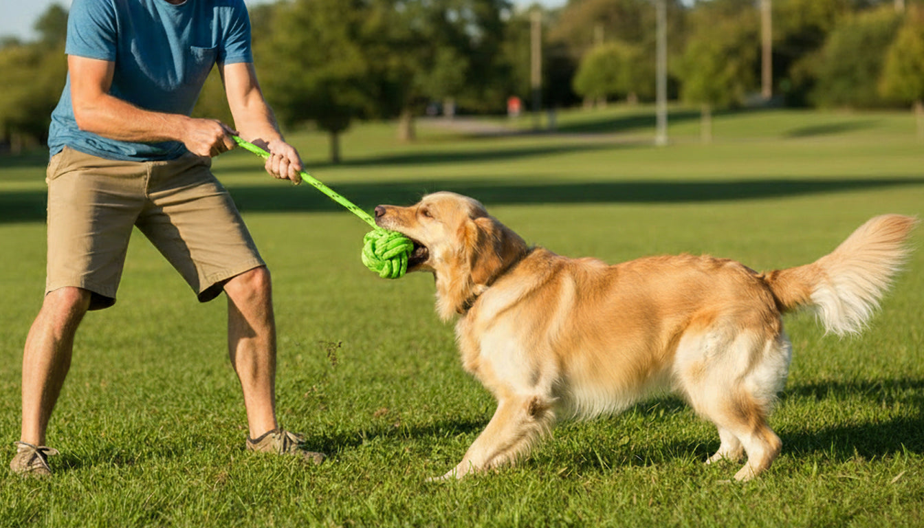 Un hombre jugando con un perro golden retriever con un juguete mordedor