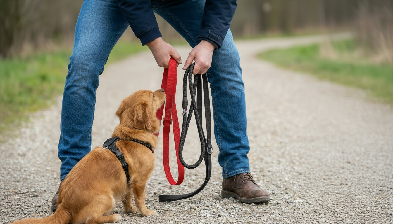 Un hombre con tres correas para perros en la mano parado al frente de un perro cafe