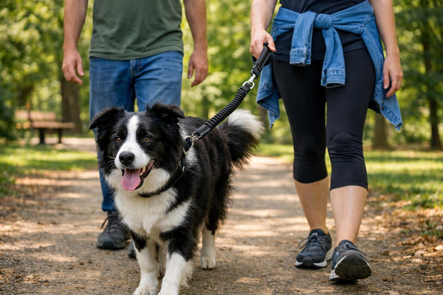 un perro border Dos personas con un perro border collie paseando con una correa anti shock