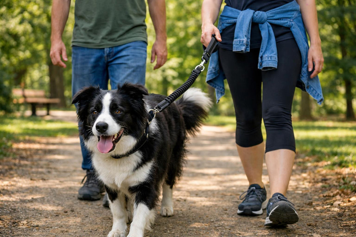 Two people walking a Border Collie with a shock-absorbing leash