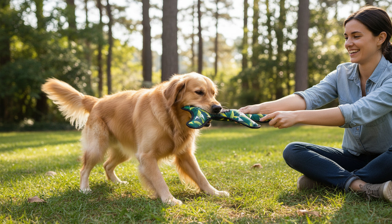 Un perro y una mujer jugando con un juguete de tirar y buscar