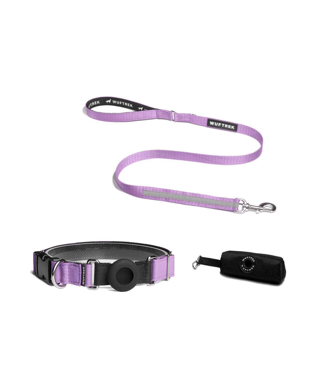 Lilac dog collar with silicone AirTag holder, lilac leash with neoprene handle, and black waste bag holder