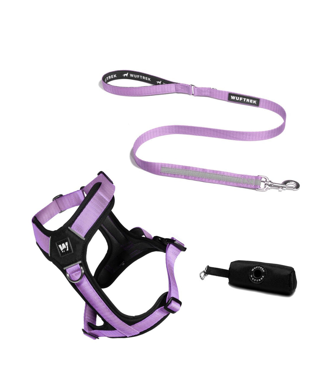 Tres productos en combo para perros de arnés, correa y estuche porta bolsas en color lila