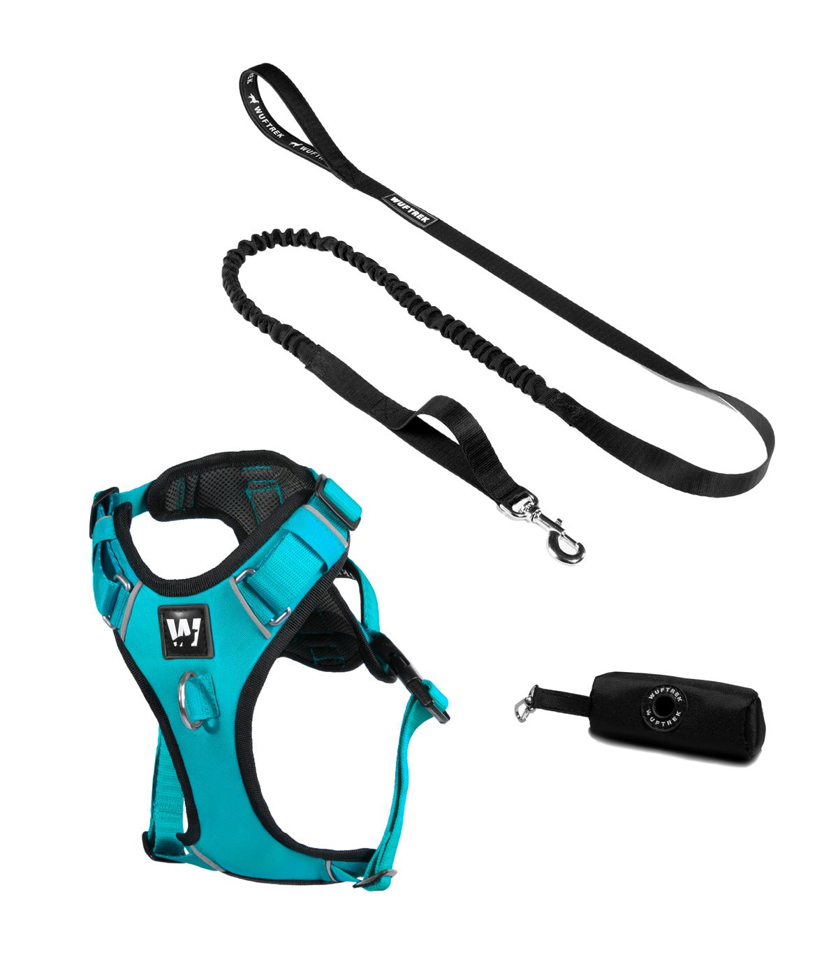 Turquoise dog harness set with shock-absorbing leash and waste bag holder