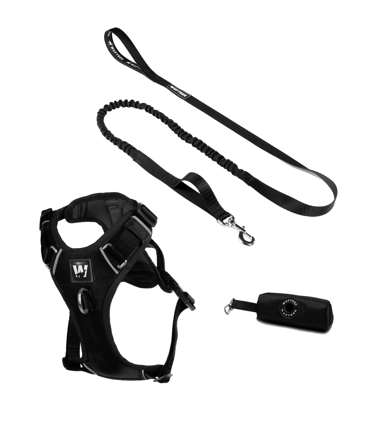 Black dog harness set with shock-absorbing leash and waste bag holder