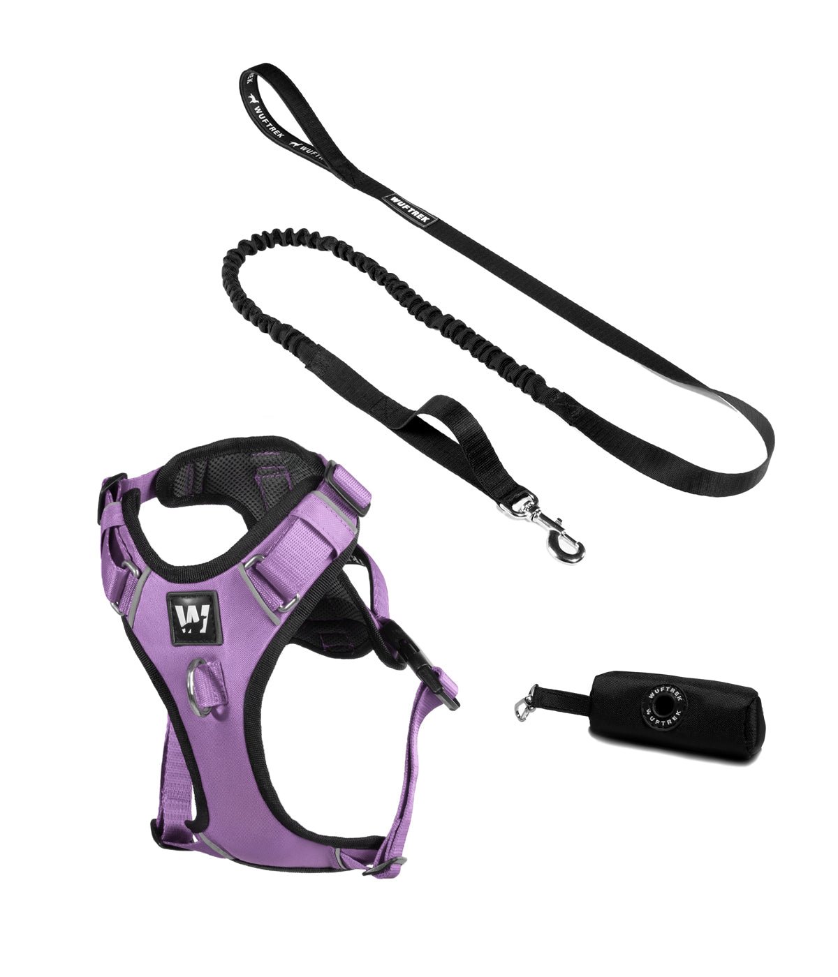 Lilac dog harness set with shock-absorbing leash and waste bag holder