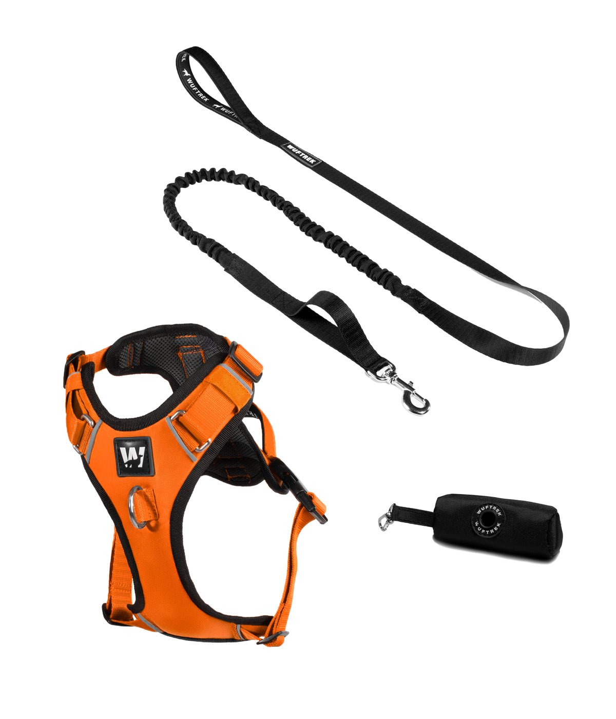 Orange dog harness set with shock-absorbing leash and waste bag holder