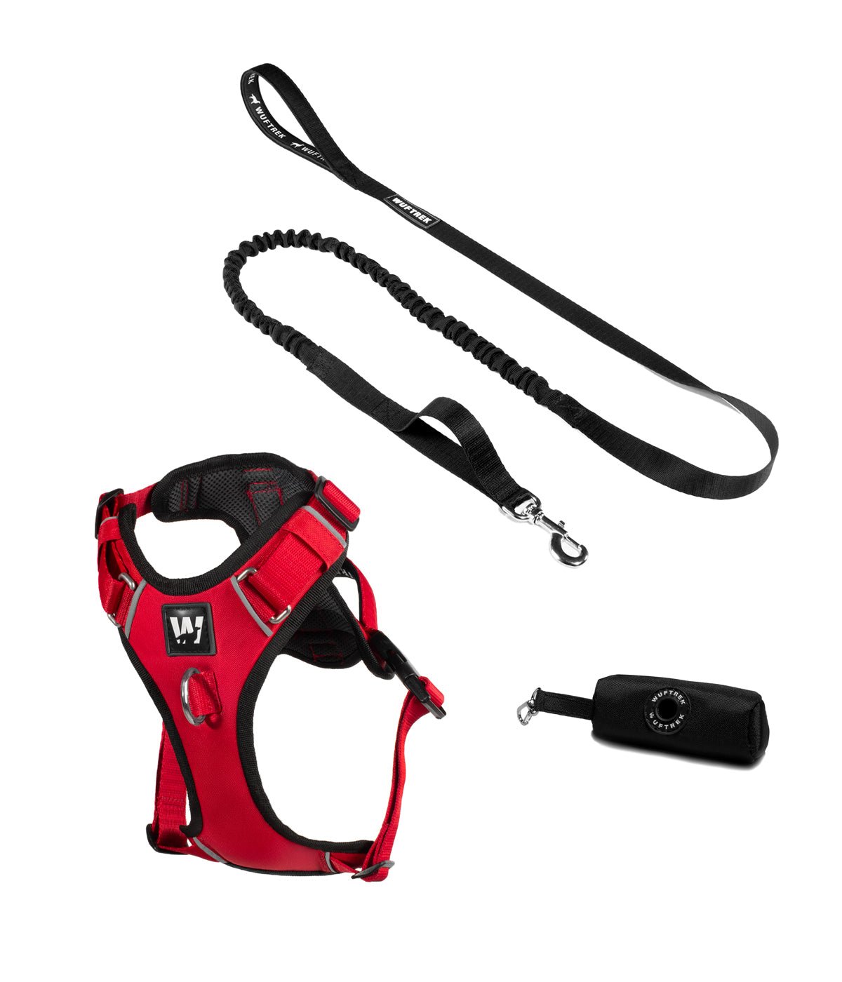 Red dog harness set with shock-absorbing leash and waste bag holder