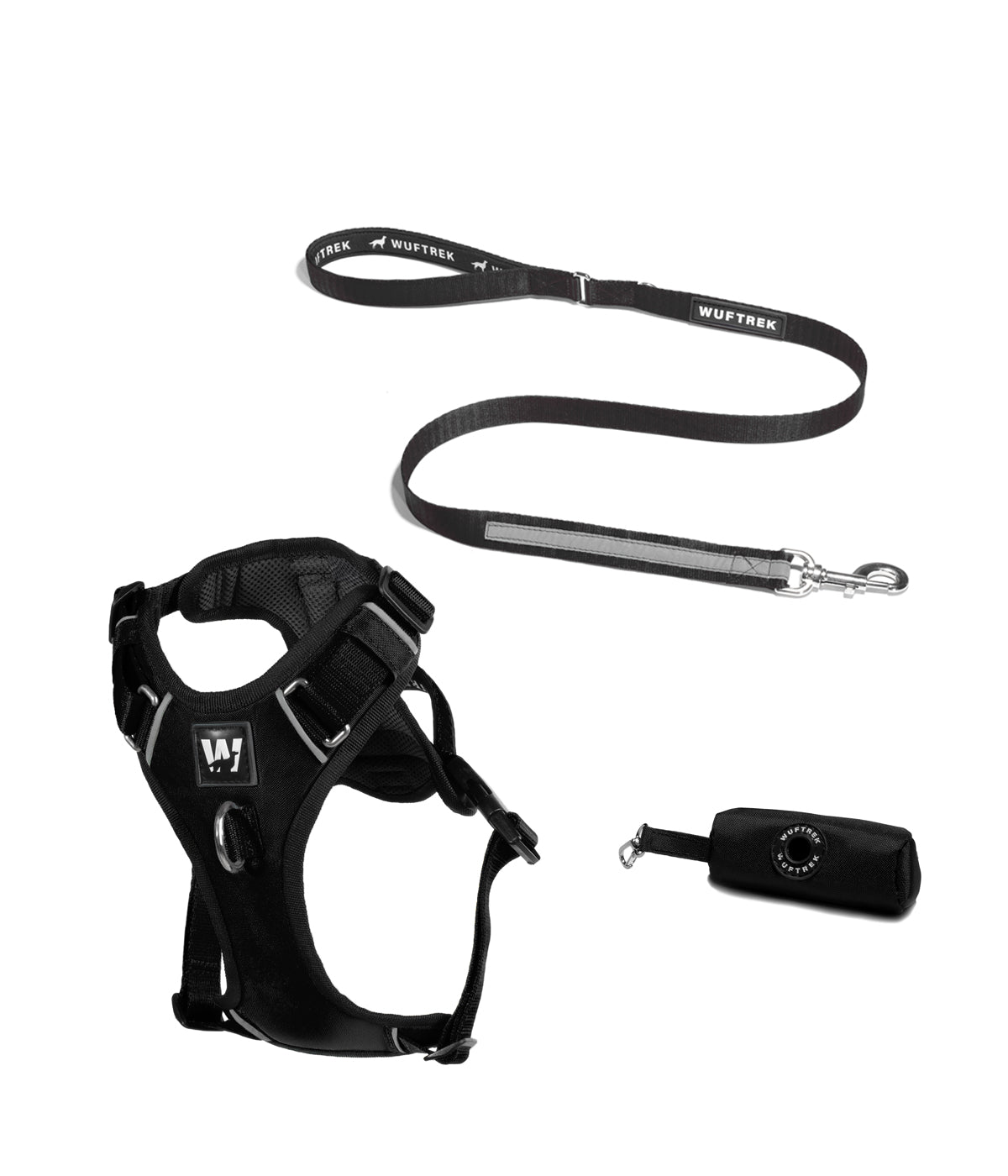 Black dog harness set with leash and waste bag holder