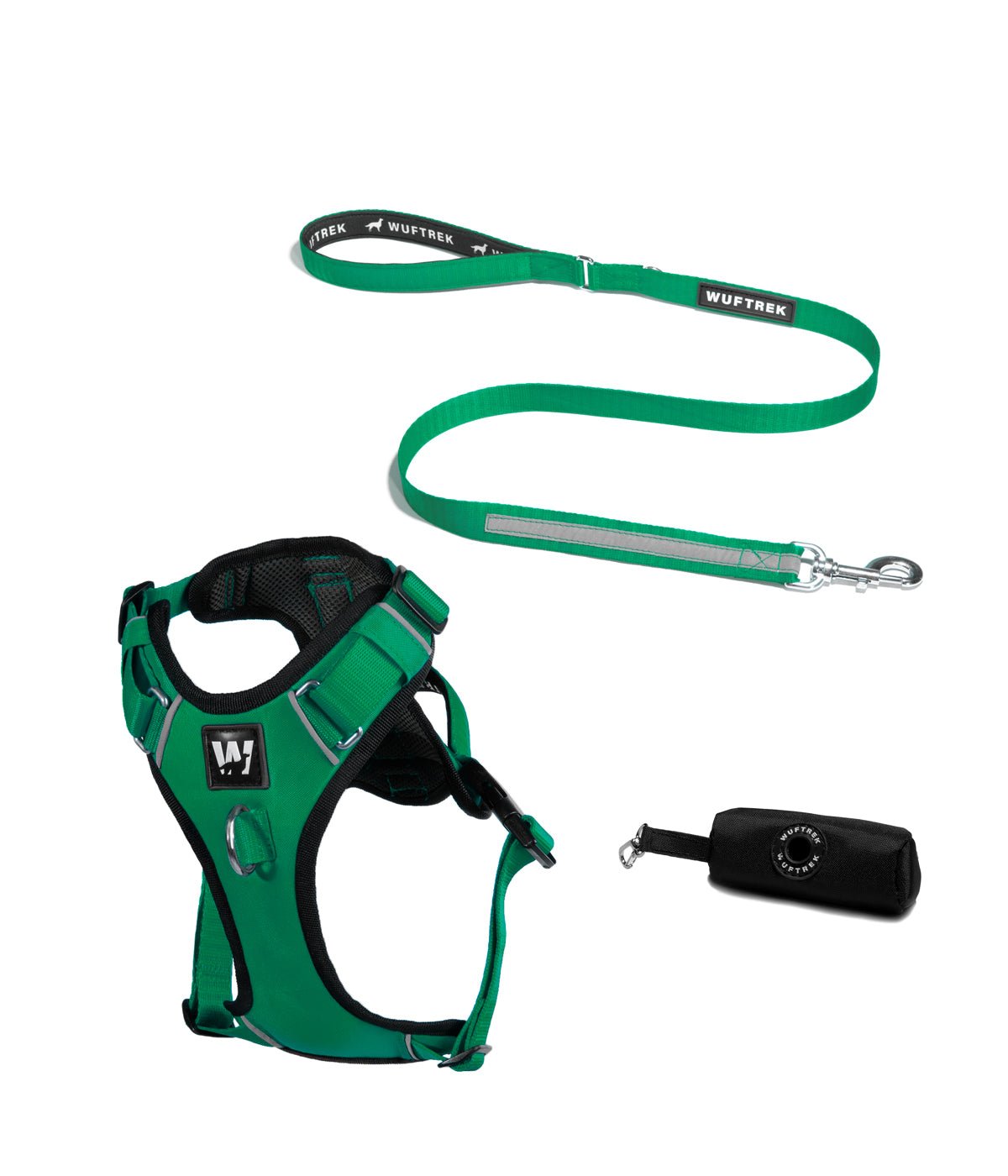Forest green AirTrek dog harness set with black TrekPro leash and black waste bag holder