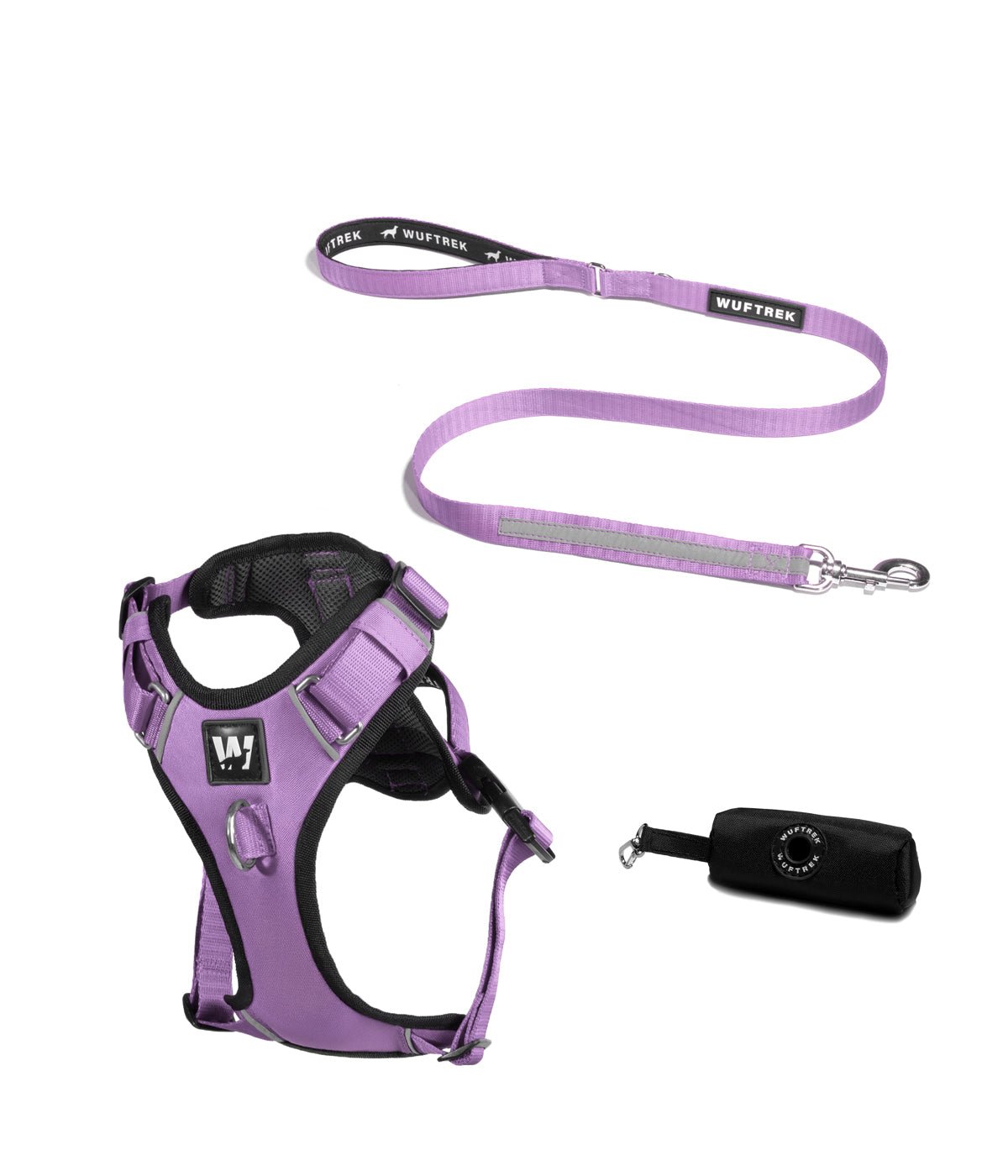 Lilac dog harness set with leash and waste bag holder