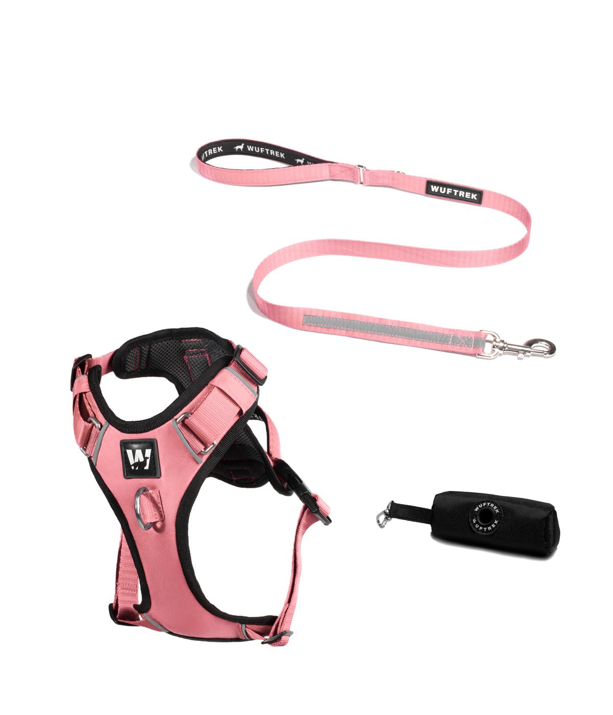 Pink AirTrek dog harness set with black TrekPro leash and black waste bag holder