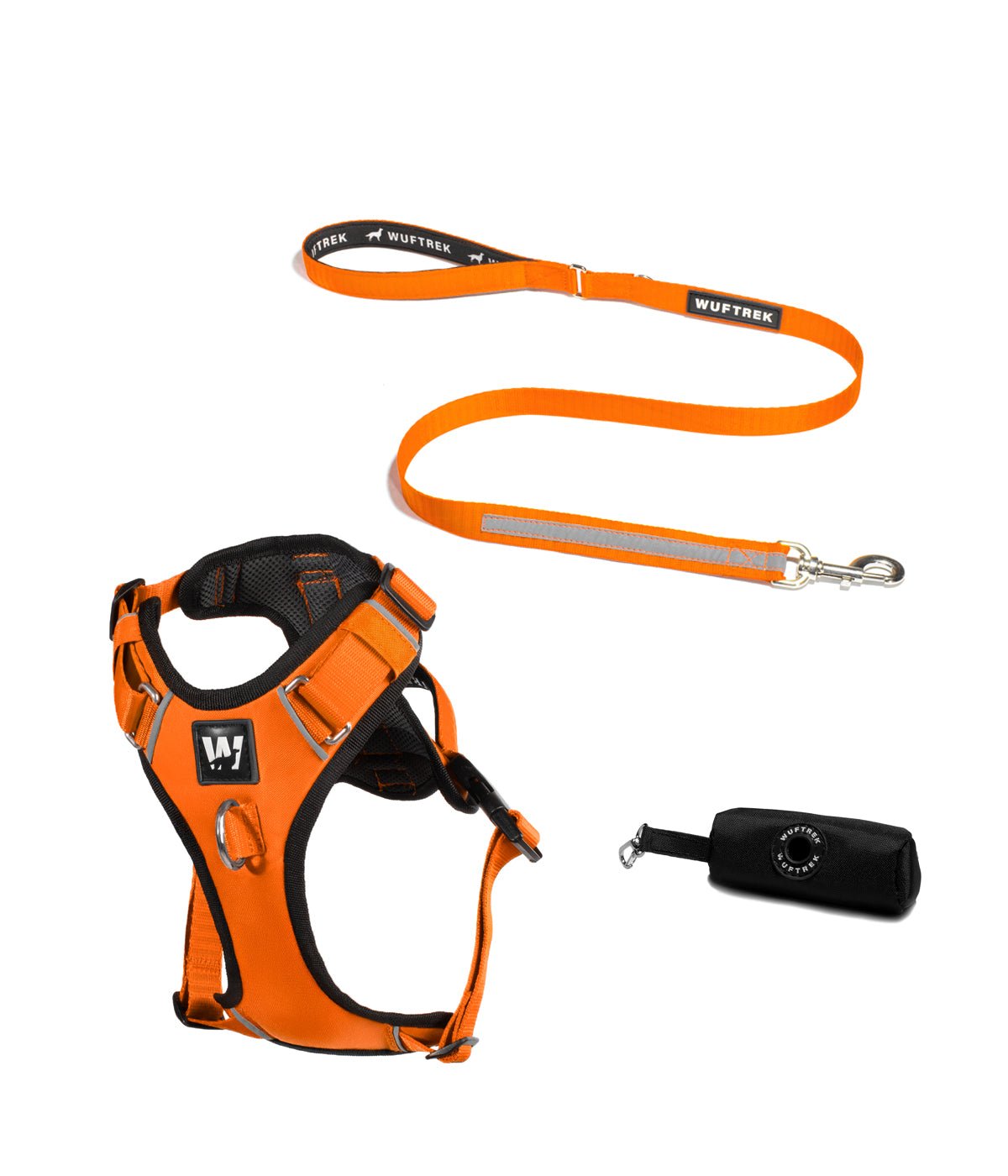 Orange dog harness set with leash and waste bag holder