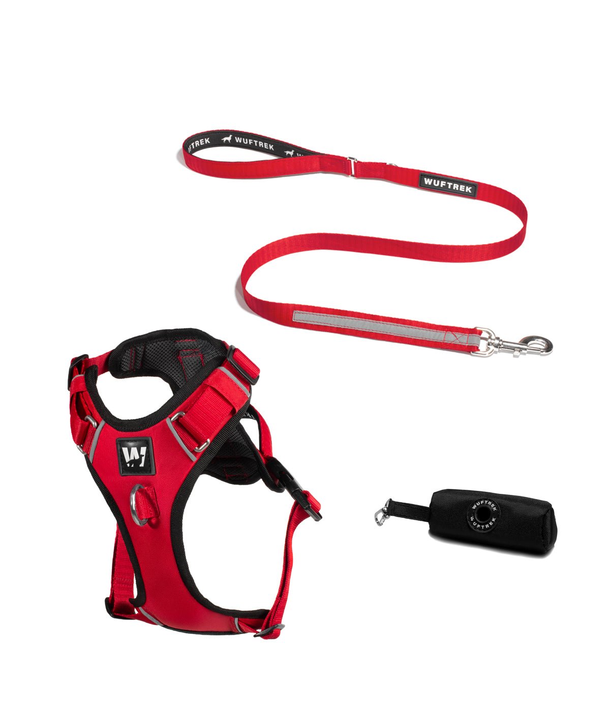 Red dog harness set with leash and waste bag holder