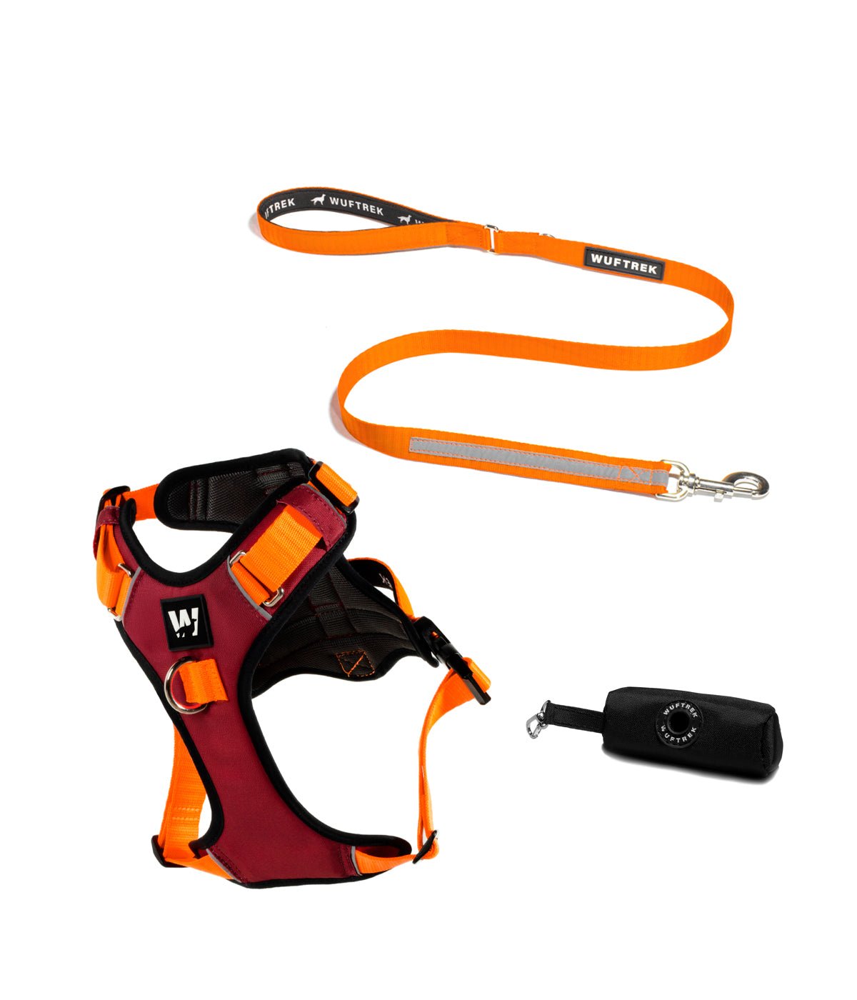 AirTrek dog harness set with TrekPro dog leash in burgundy and orange