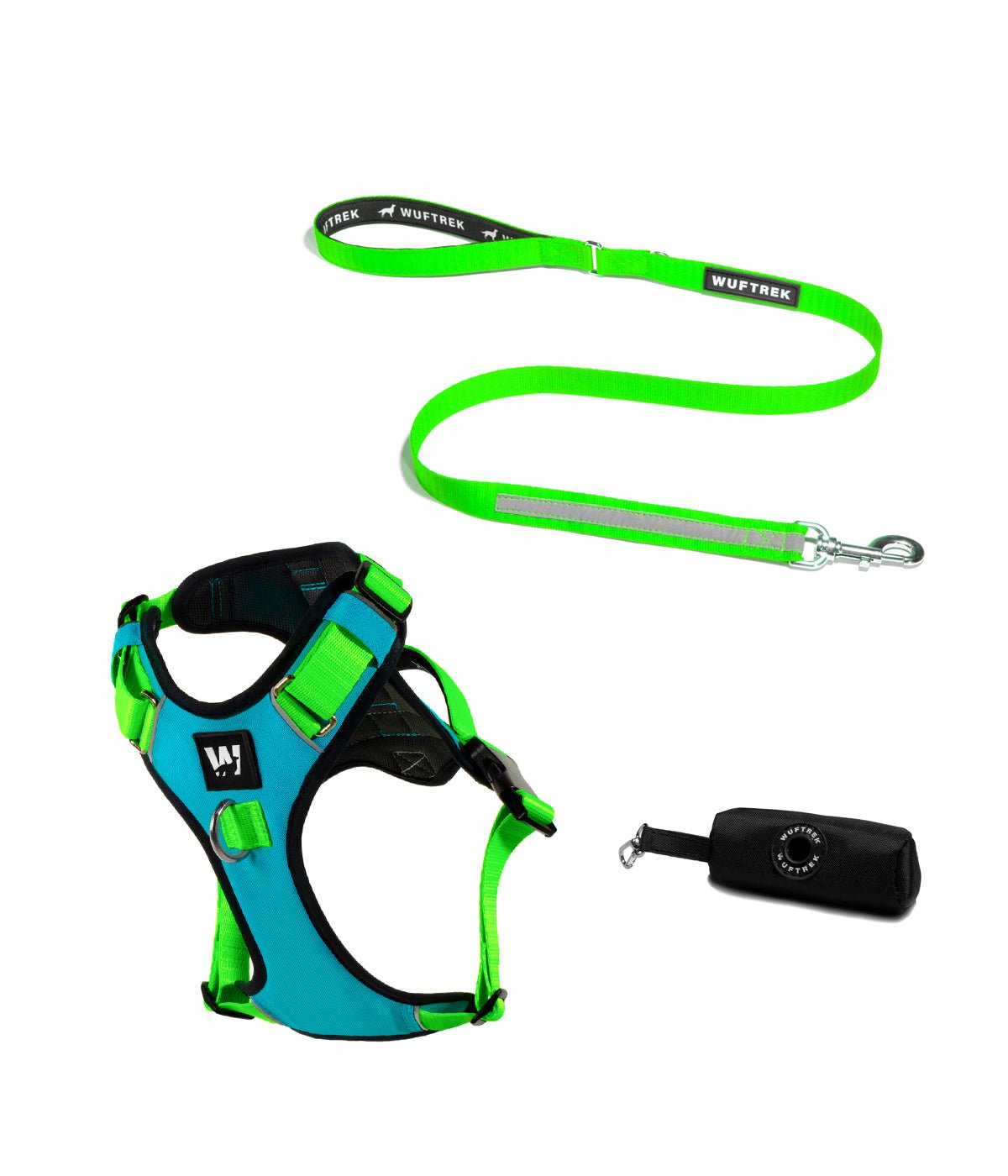 AirTrek dog harness set with TrekPro dog leash in blue and green