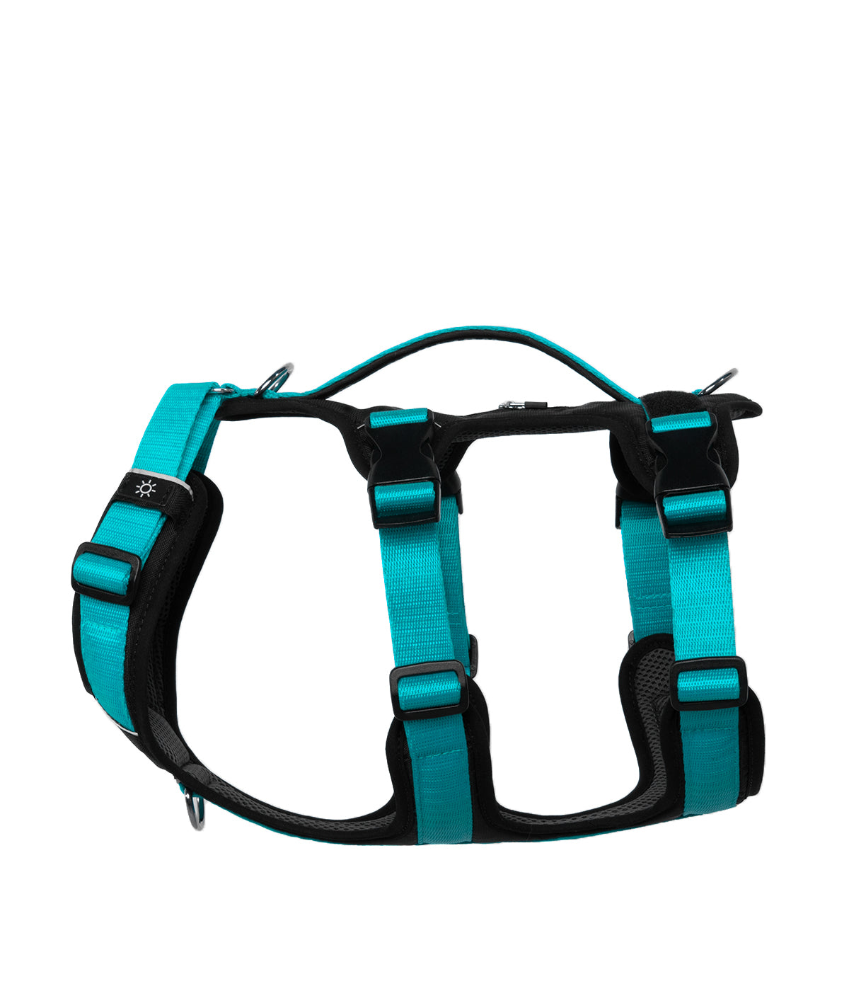 Side view of the TrekFit Y-3 aqua and black escape-resistant dog harness with three adjustable straps, control handle, tracker pocket, patch panel and front/rear attachment rings