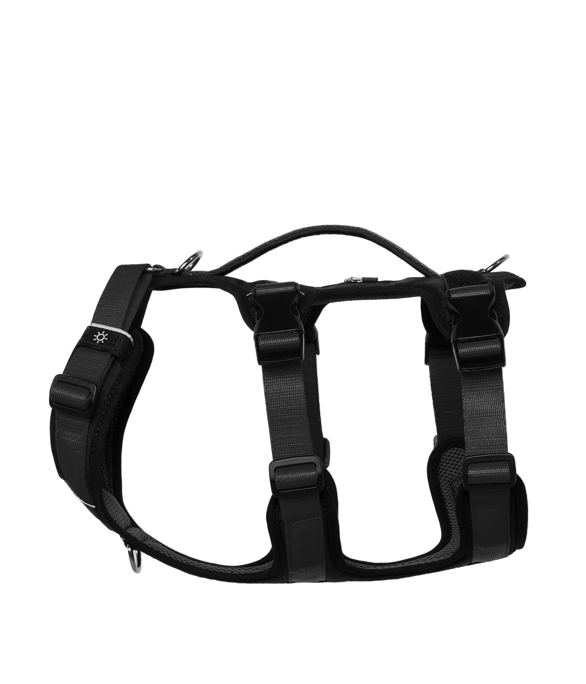 Side view of the TrekFit Y-3 black escape-resistant dog harness with three adjustable straps, control handle, tracker pocket, patch panel and front/rear attachment rings