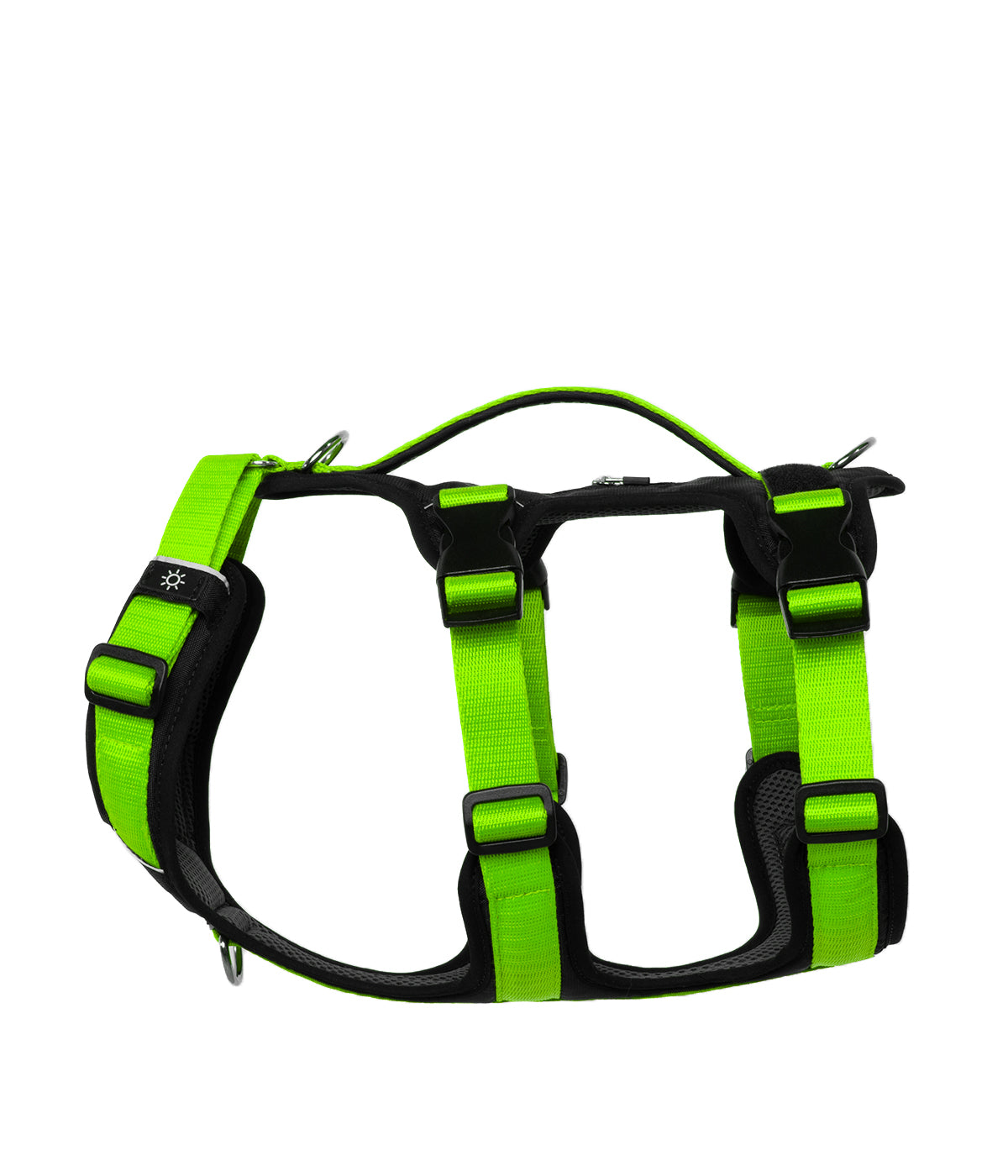 Side view of the TrekFit Y-3 neon green and black escape-resistant dog harness with three adjustable straps, control handle, tracker pocket, patch panel and front/rear attachment rings