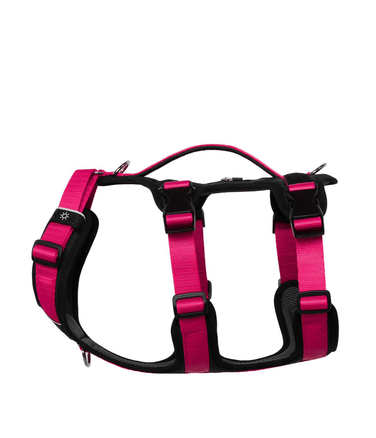 Side view of the TrekFit Y-3 fuchsia and black escape-resistant dog harness with three adjustable straps, control handle, tracker pocket, patch panel and front/rear attachment rings