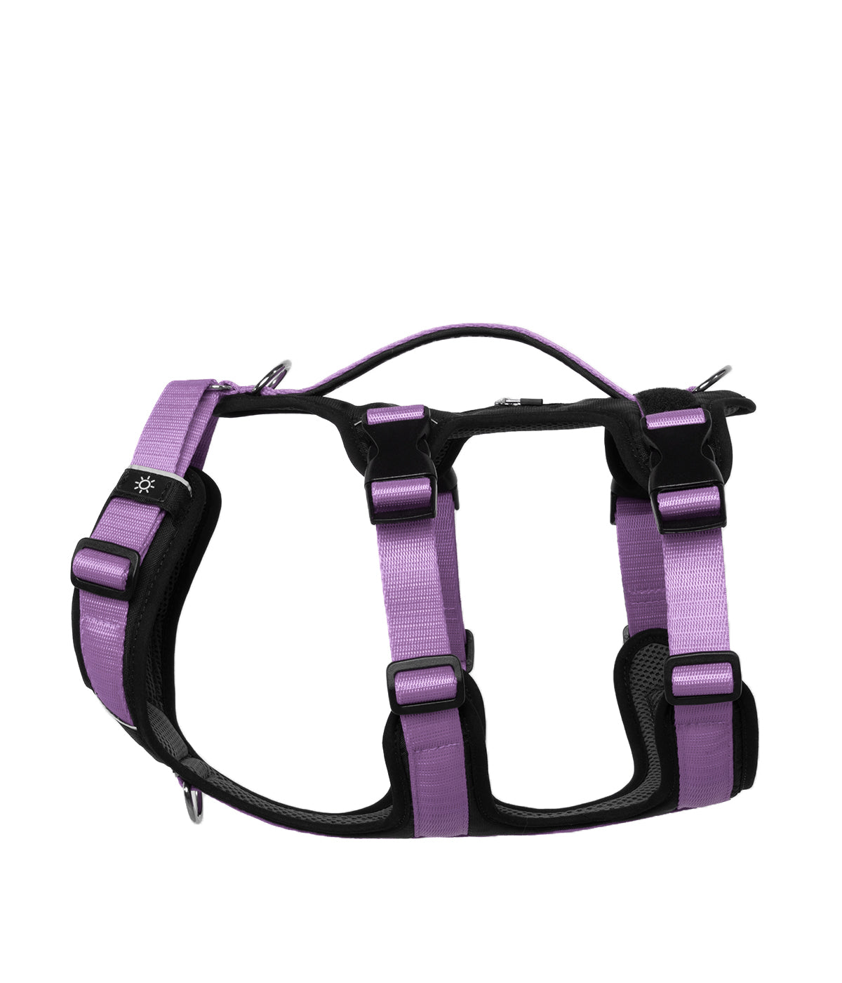 Side view of the TrekFit Y-3 lilac and black escape-resistant dog harness with three adjustable straps, control handle, tracker pocket, patch panel and front/rear attachment rings