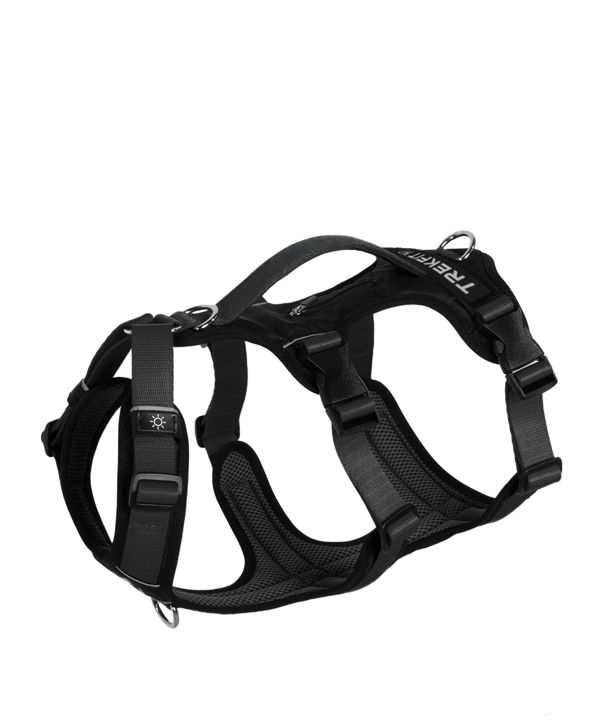 Top view of the TrekFit Y-3 black escape-resistant dog harness with three adjustable straps, control handle, tracker pocket, patch panel and front/rear attachment rings