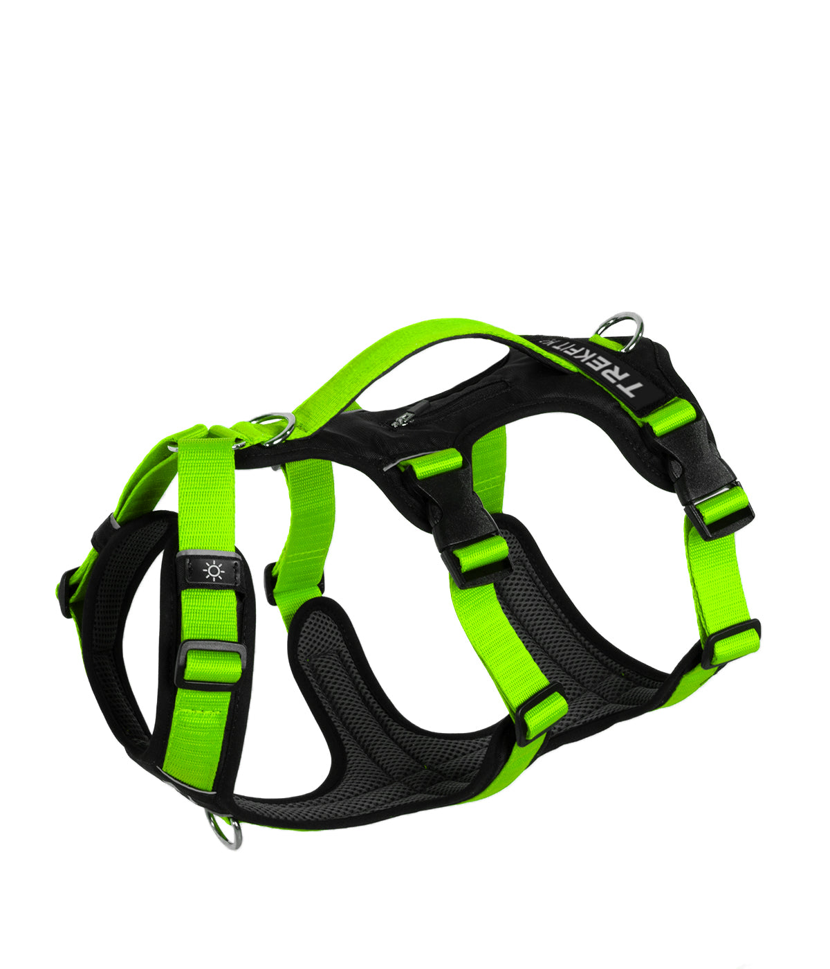 Top view of the TrekFit Y-3 neon green and black escape-resistant dog harness with three adjustable straps, control handle, tracker pocket, patch panel and front/rear attachment rings
