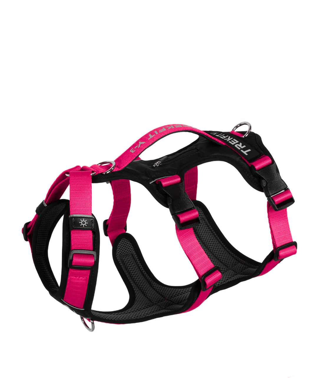 Arnes con tres tiras visto desde arriba, color fucsia con negro, se pueden ver las 3 tiras ajustables, la manija de control, el bolsillo para localizador o identificación, espacio de parche en velcro y las argollas de atras y anti tirones adelante