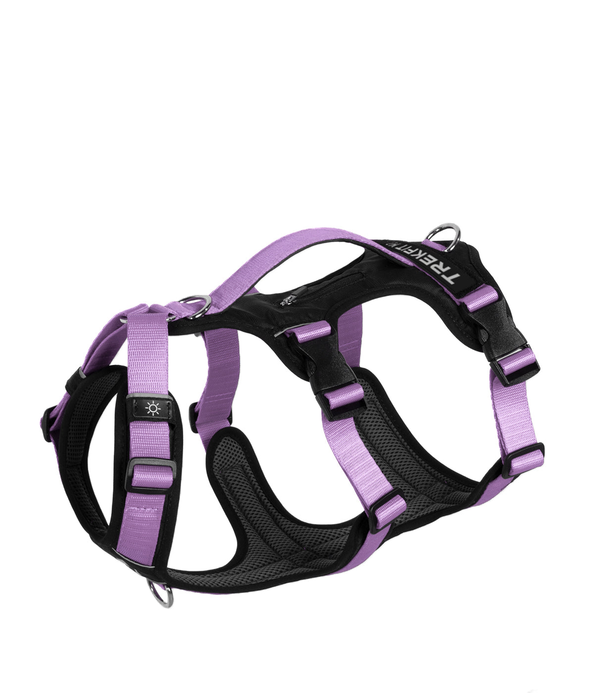Top view of the TrekFit Y-3 lilac and black escape-resistant dog harness with three adjustable straps, control handle, tracker pocket, patch panel and front/rear attachment rings