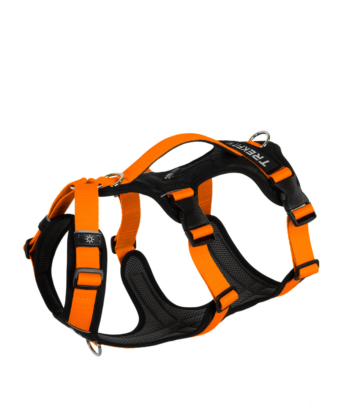 Top view of the TrekFit Y-3 orange and black escape-resistant dog harness with three adjustable straps, control handle, tracker pocket, patch panel and front/rear attachment rings