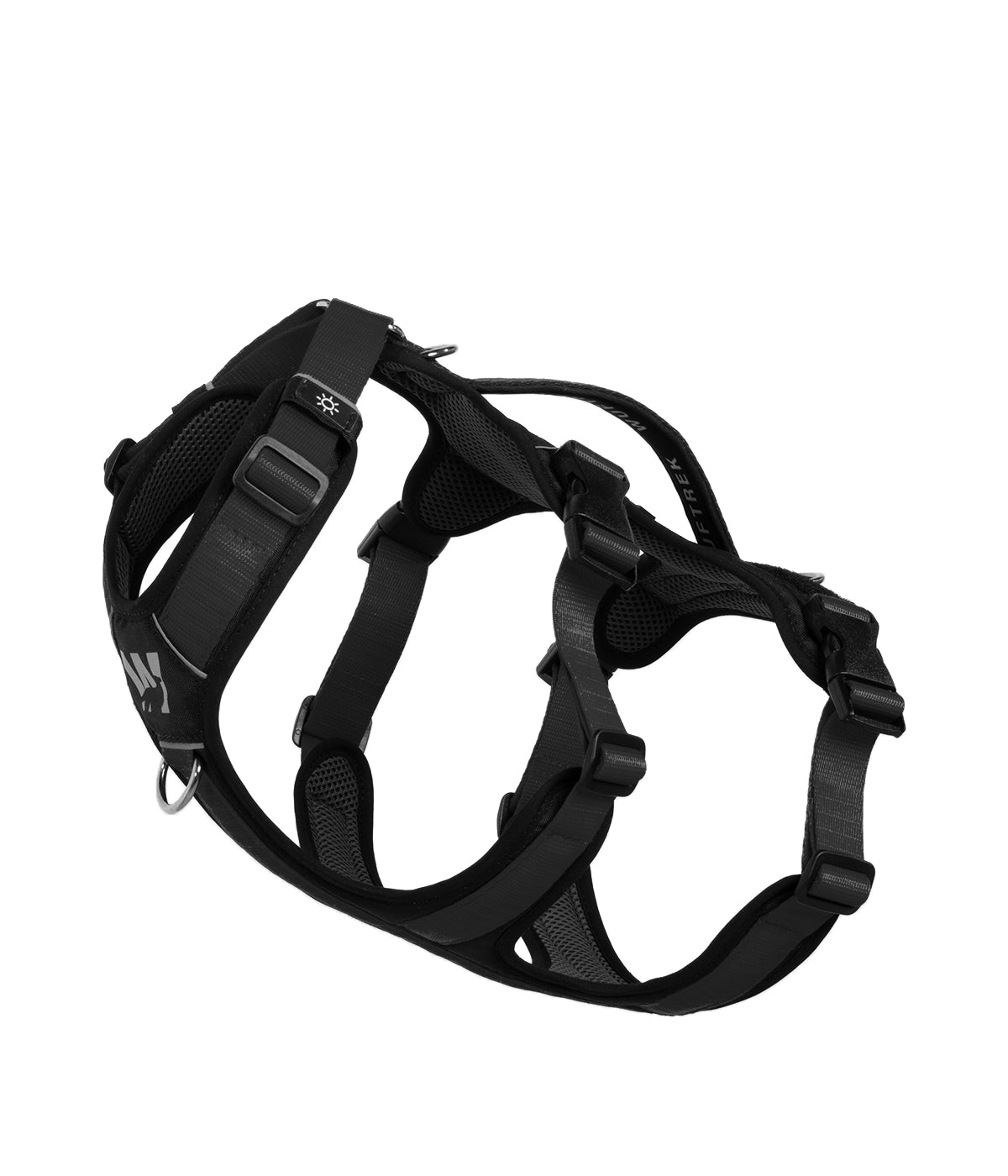 Side detail of the TrekFit Y-3 black escape-resistant dog harness with adjustable straps, control handle and front attachment ring