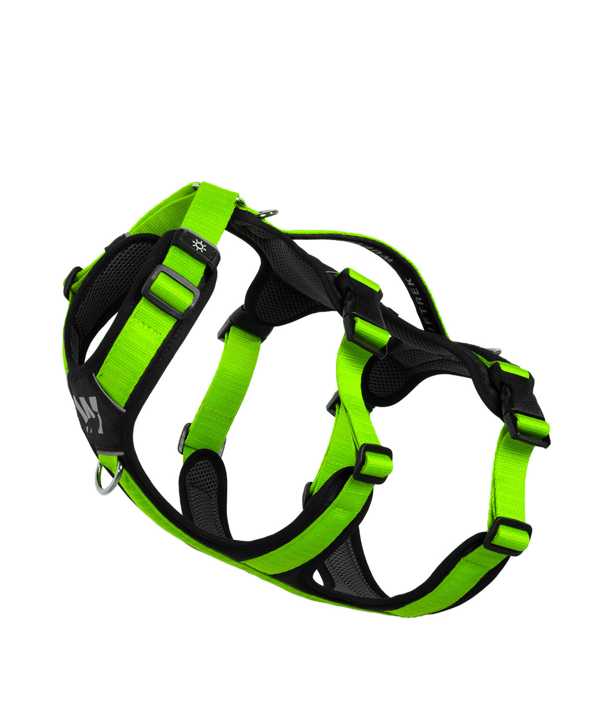 Side detail of the TrekFit Y-3 neon green and black escape-resistant dog harness with adjustable straps, control handle and front attachment ring