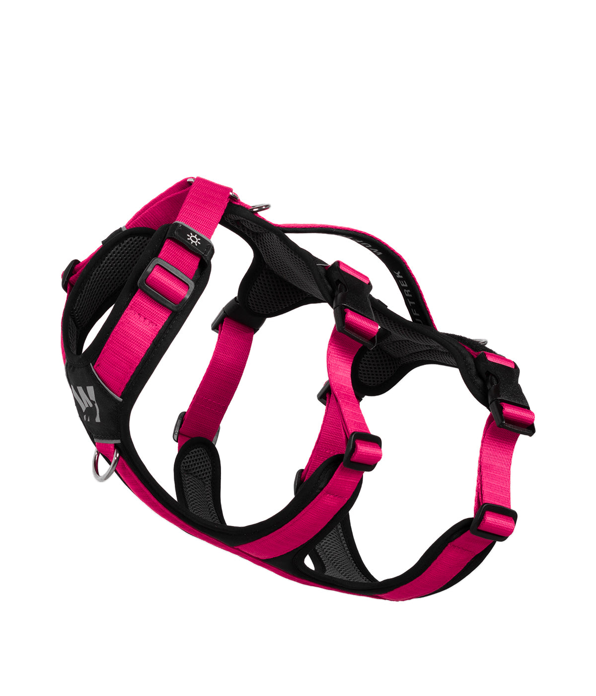 Side detail of the TrekFit Y-3 fuchsia and black escape-resistant dog harness with adjustable straps, control handle and front attachment ring