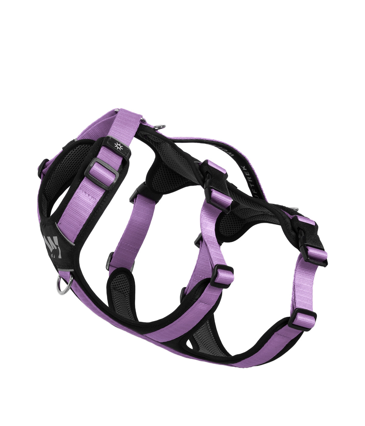Side detail of the TrekFit Y-3 lilac and black escape-resistant dog harness with adjustable straps, control handle and front attachment ring