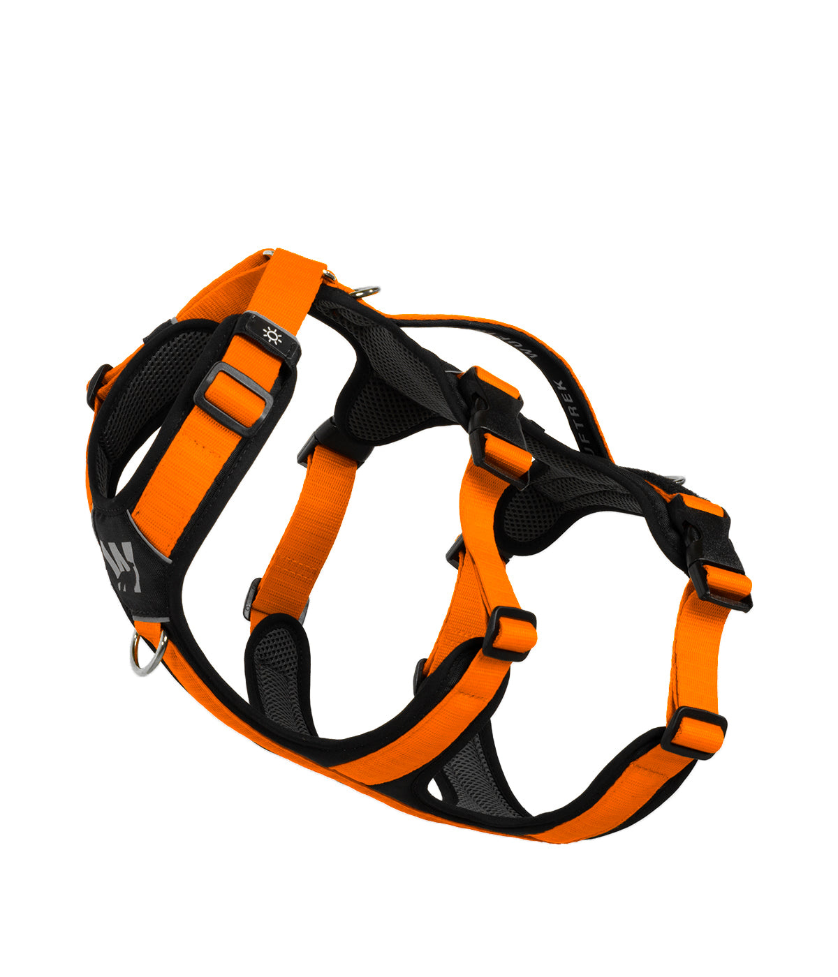 Side detail of the TrekFit Y-3 orange and black escape-resistant dog harness with adjustable straps, control handle and front attachment ring