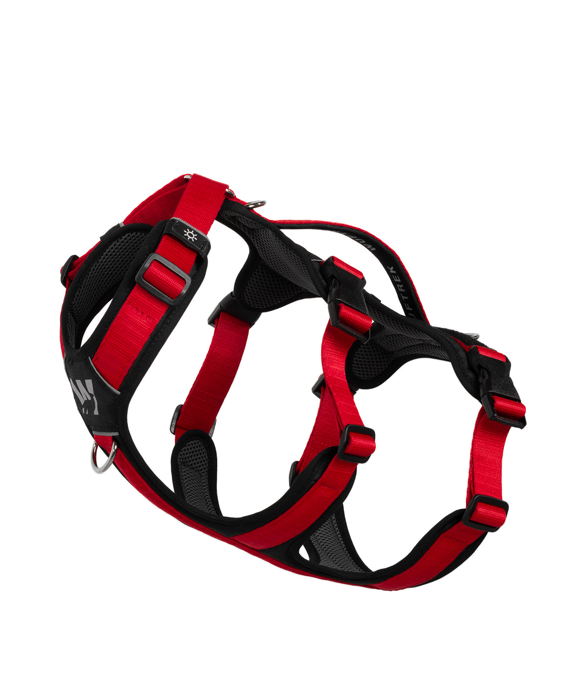 Side detail of the TrekFit Y-3 red and black escape-resistant dog harness with adjustable straps, control handle and front attachment ring