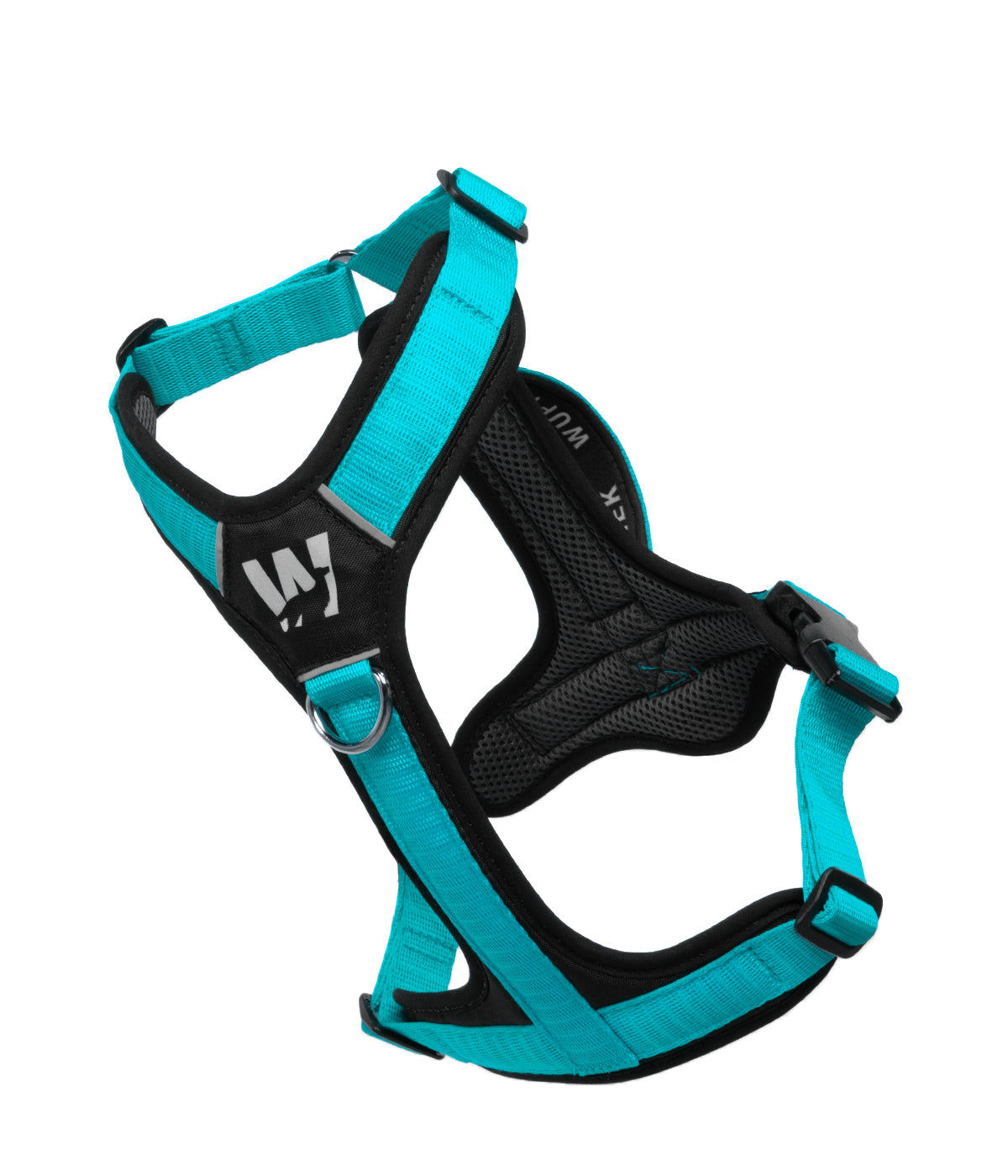 Front view of the TrekFit Y-Series aqua and black Y-Harness with front no-pull ring and reflective logo