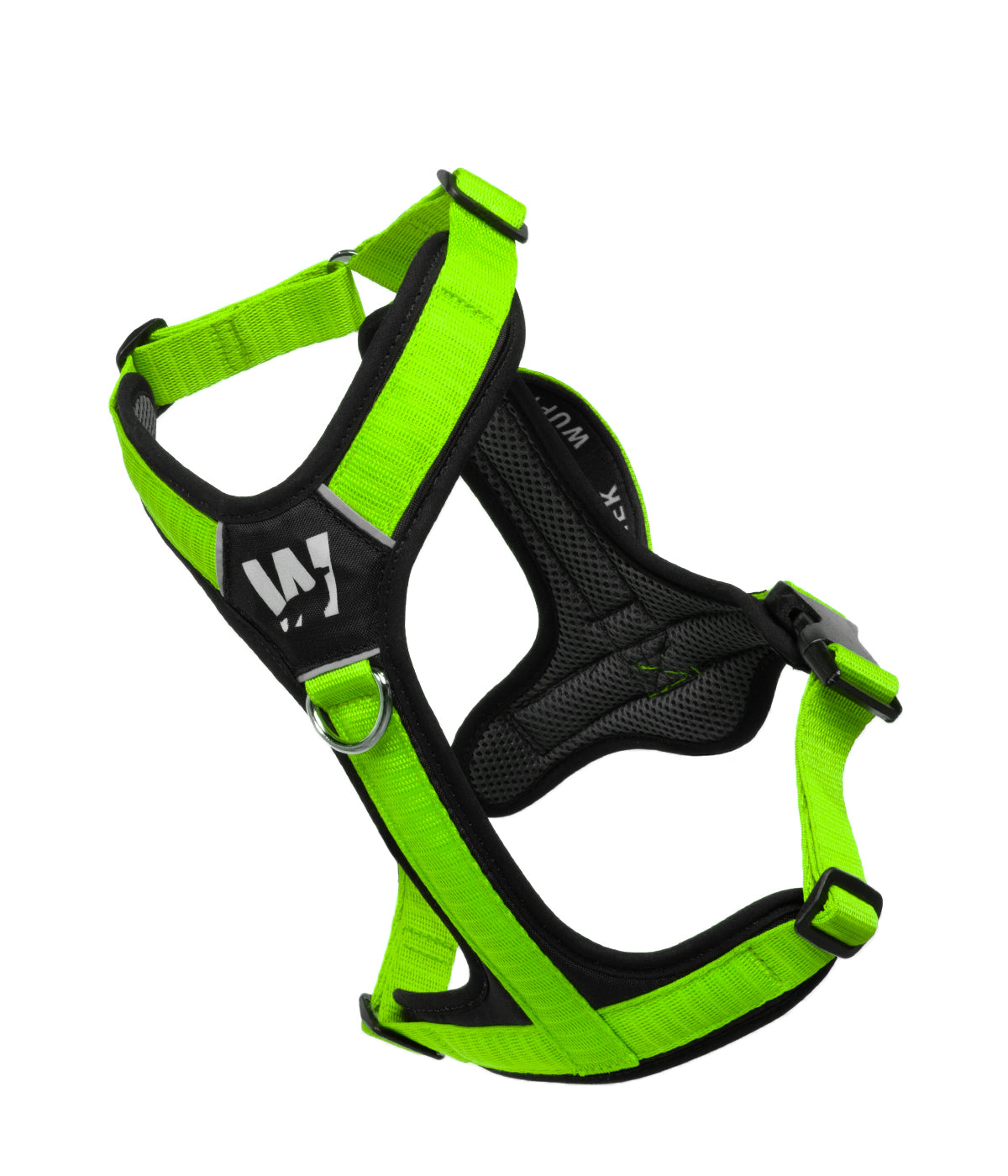 Front view of the TrekFit Y-Series neon green and black Y-Harness with front no-pull ring and reflective logo