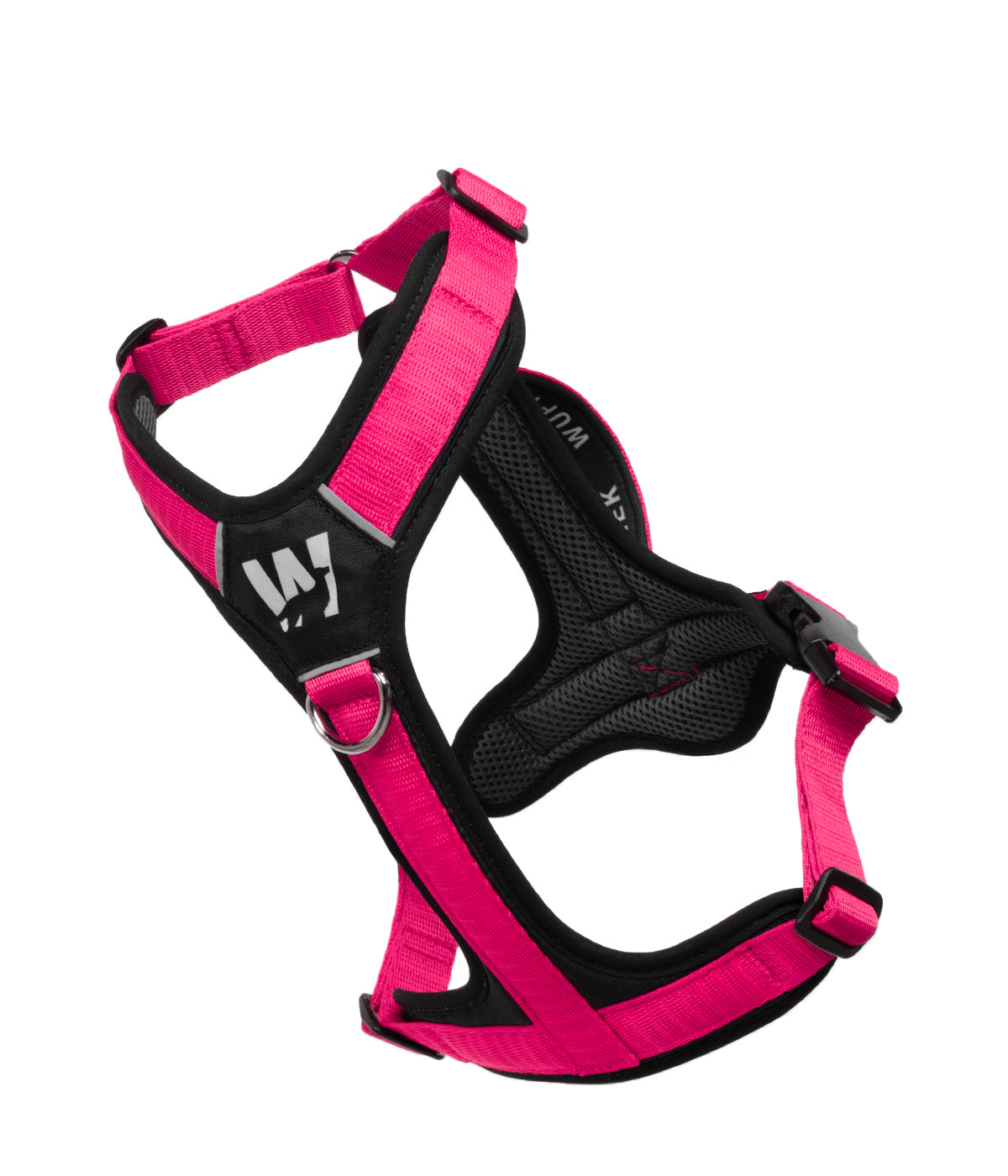 Front view of the TrekFit Y-Series fuchsia and black Y-Harness with front no-pull ring and reflective logo