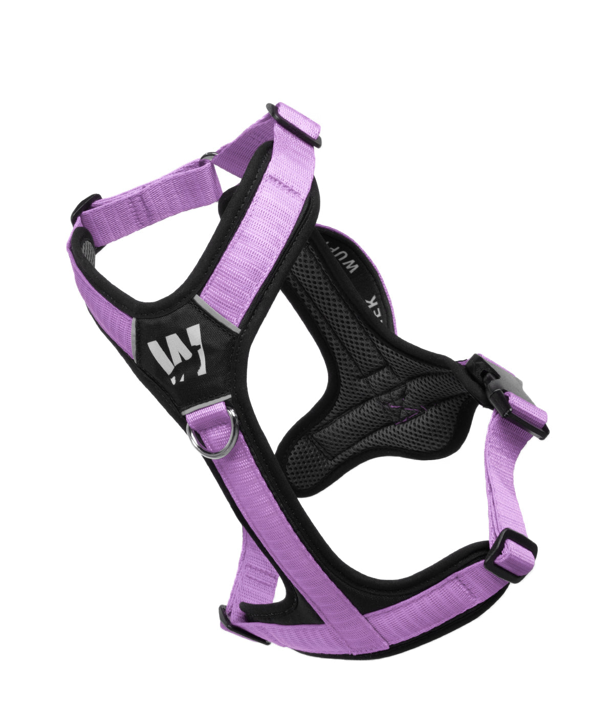 Front view of the TrekFit Y-Series lilac and black Y-Harness with front no-pull ring and reflective logo