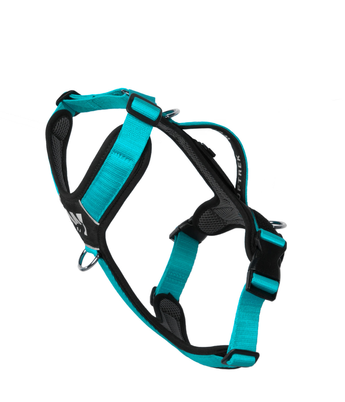 Side view of the TrekFit Y-Series aqua and black Y-Harness with front no-pull ring, adjustable straps and control handle