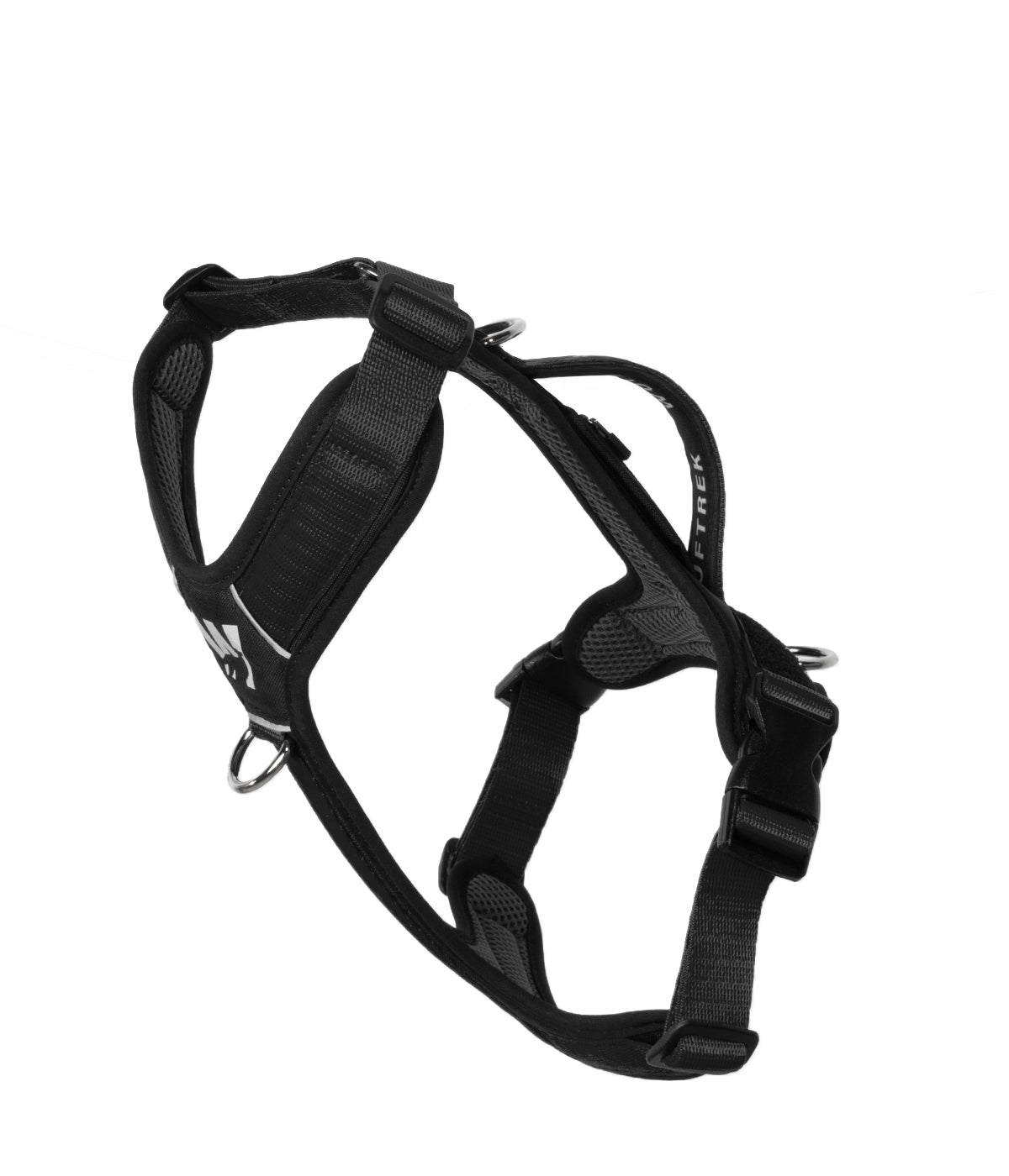 Side view of the TrekFit Y-Series black Y-Harness with front no-pull ring, adjustable straps and control handle