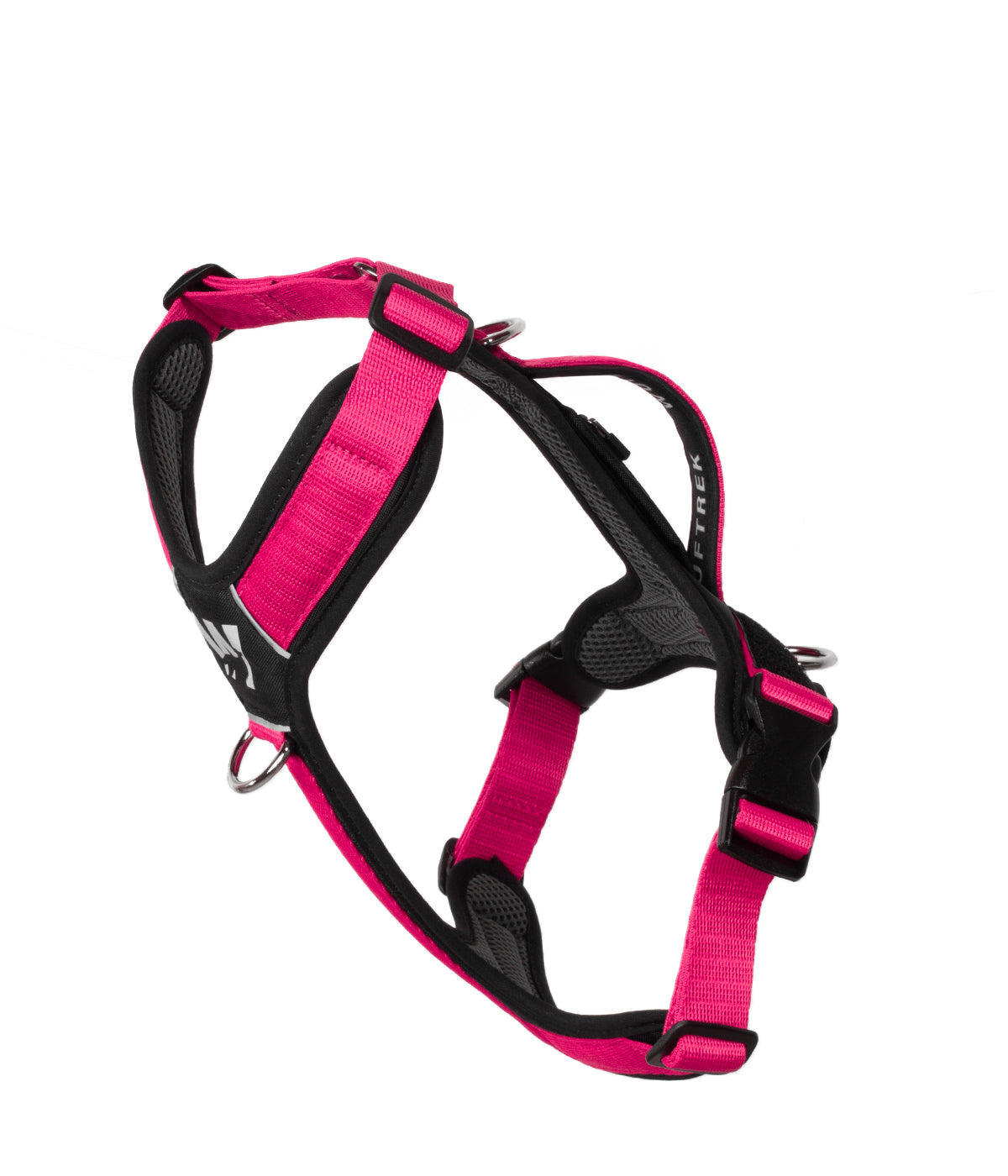 Side view of the TrekFit Y-Series fuchsia and black Y-Harness with front no-pull ring, adjustable straps and control handle